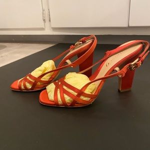 NWOT - Boutique 9, Brick Red Satin Strappy Chunky Heels Size 7